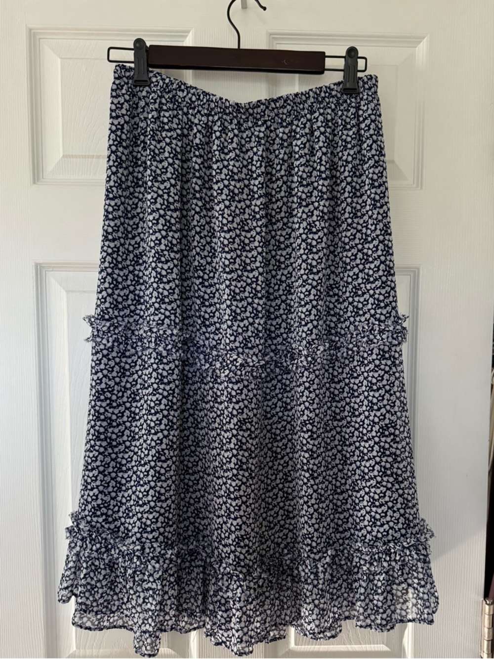 Women’s Navy Floral Tiered Midi Skirt with Elastic Waist Flowy Chiffon